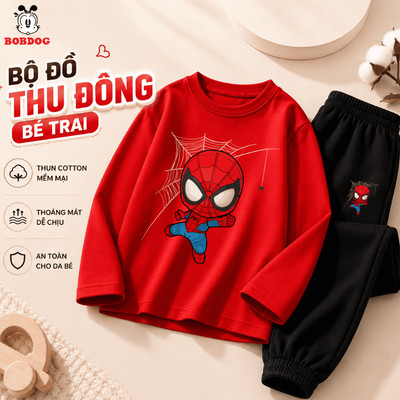 Bộ đồ thu đông dài tay cho bé trai BOBDOG set quần áo chất thun cotton hình người nhện TW-BDO58