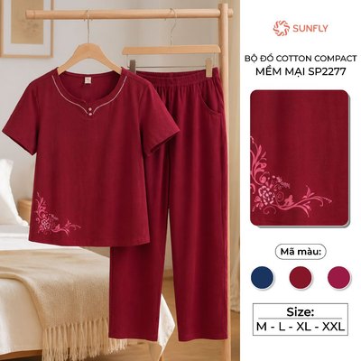 Đồ bộ trung niên mặc nhà nữ cho mẹ thu đông áo cộc quần dài cotton compact co dãn thoải mái SUNFLY SP2277