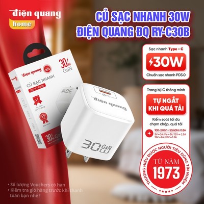 [30W] Củ Sạc Nhanh Điện Quang PD 30W Type C sạc nhanh, kích thước nhỏ, không nóng, thích hợp nhiều thiết bị- BH 12 tháng