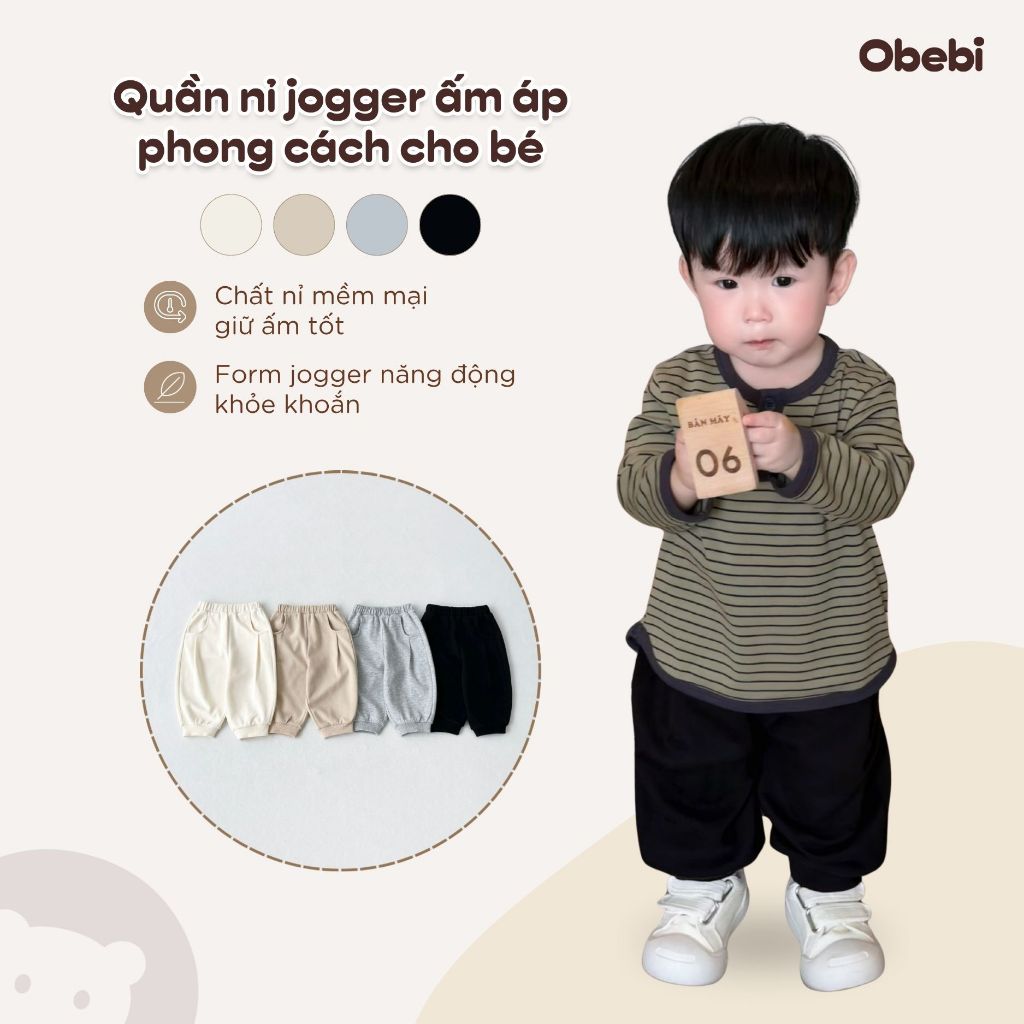 Quần nỉ trẻ em thu đông vải nỉ mềm Obebi Cho Bé Trai Bé Gái Obebi 9-23kg Q268