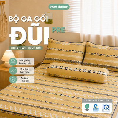 Bộ Ga Gối Đũi Pre Mịn Decor, Drap Nệm Trần Bông Bo Chun 30cm, Dùng Quanh Năm, Size 1m6 1m8 2m2