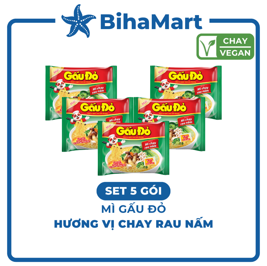 [SET 5 GÓI] - ASIAFOODS - Mì Gấu Đỏ hương vị Chay rau nấm, Mì Chay rau nấm Gấu Đỏ, Mì gói Gấu Đỏ Cha