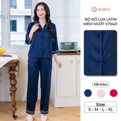 Bộ pijama nữ thu đông áo tay lỡ quần dài lụa lattin mềm mướt màu trơn SUNFLY ST9421