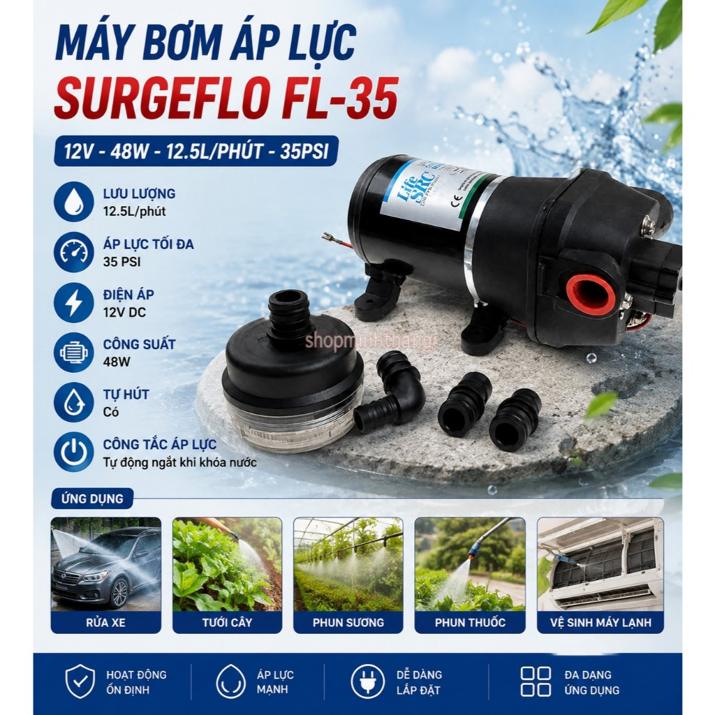 Máy Bơm Áp Lực SURGEFLO FL - 35 12V 48W 12.5L/Phút 35PSI Bơm Màng Tự Hút Phun Thuốc Tưới Cây Rửa Xe