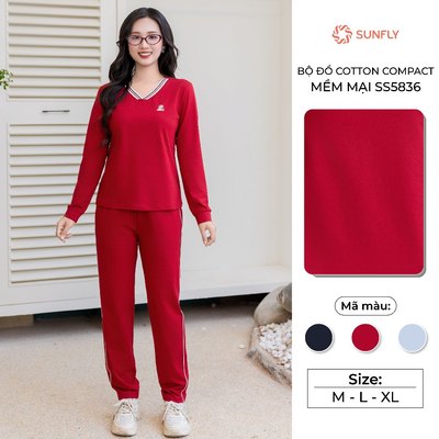 Bộ thể thao mặc nhà nữ thu đông áo cộc quần dài năng động cotton compact SUNFLY SS5836