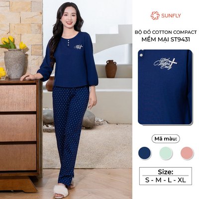 Đồ bộ mặc nhà nữ mùa thu đông áo tay lỡ quần dài trẻ trung cotton compact co dãn tốt SUNFLY ST9431