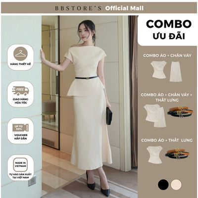 BBSTORE'S Áo Kiểu Dự Tiệc Nữ Lệch Vai Peplum Nhún Eo A4317B - Chân Váy Dài Dự Tiệc Xòe V4318B - Thắt Lưng Da BB TK4094