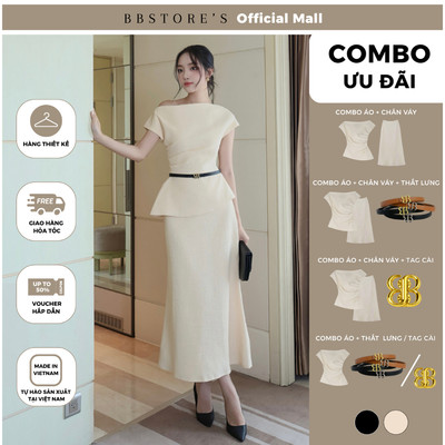 BBSTORE'S Áo Kiểu Dự Tiệc Nữ Xốp Dập Lệch Vai Peplum Nhún Eo Giấu Bụng A4317B - Chân Váy Dài Dự Tiệc Xòe Đuôi Cá V4318B
