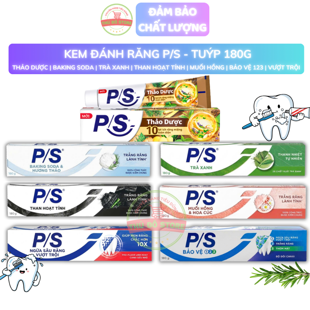 Kem Đánh Răng P/S Trắng Răng Trà Xanh | Than Hoạt Tính |Baking Soda| Muối Hồng | Bảo Vệ 123 | Ngừa S