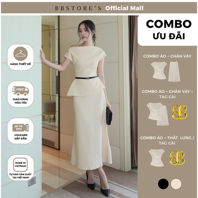 BBSTORE'S Áo Kiểu Dự Tiệc Lệch Vai Peplum Nhún Eo A4317B - Chân Váy Dài Dự Tiệc Xòe V4318B - Tag Cài Kim Loại BB TAE09V