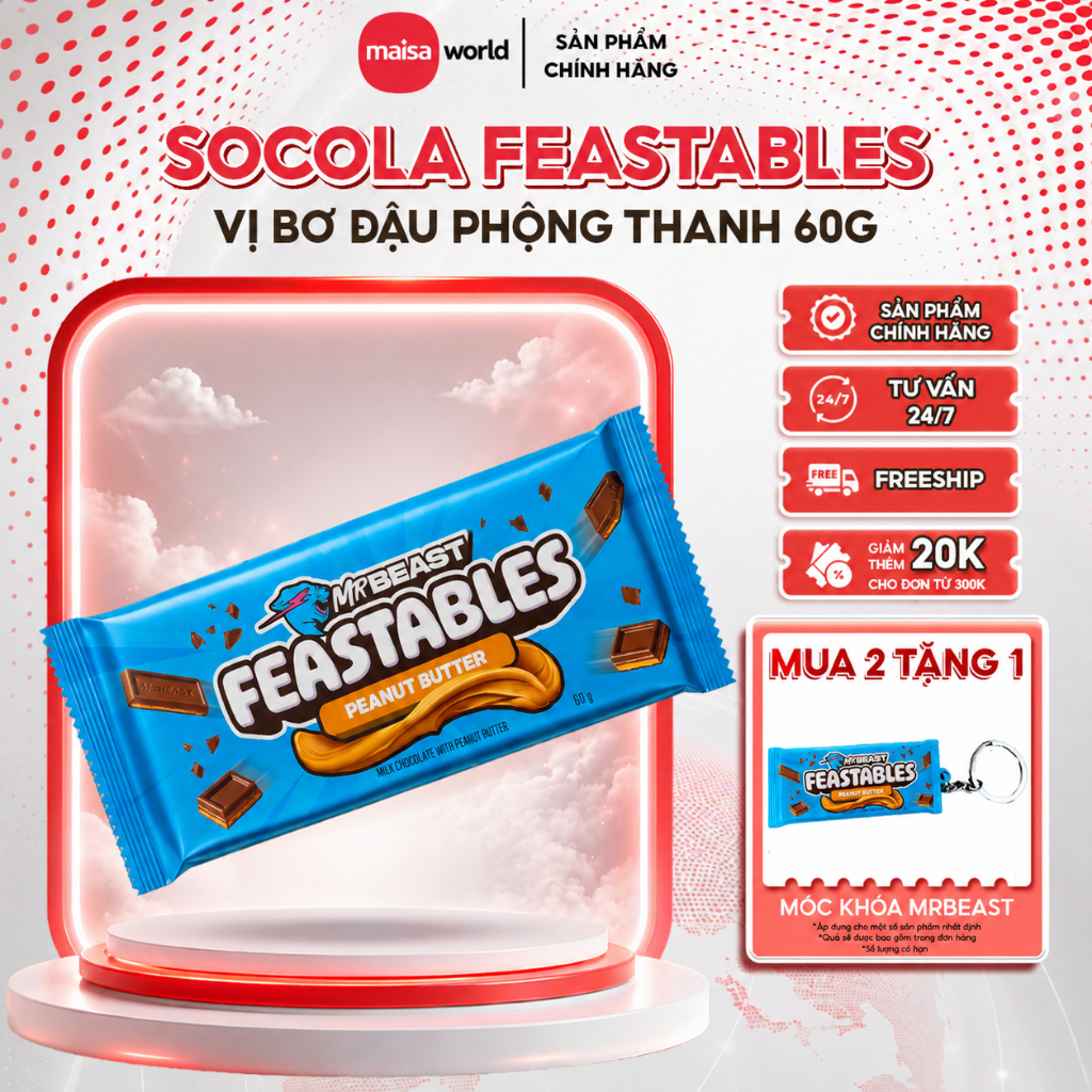 [Chính Hãng] Kẹo Socola Feastables MrBeast Phiên Bản Mới Vị Peanut Butter Thanh 60g