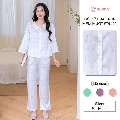 Bộ pijama mặc nhà nữ thu đông áo tay lỡ quần dài  lụa latin mềm mướt SUNFLY ST9422