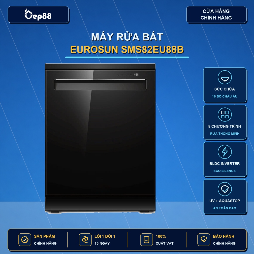 Máy rửa bát Eurosun SMS82EU88B - Nhập khẩu Thái Lan, Hàng chính hãng, Bảo hành 3 năm, sấy PTC khô co