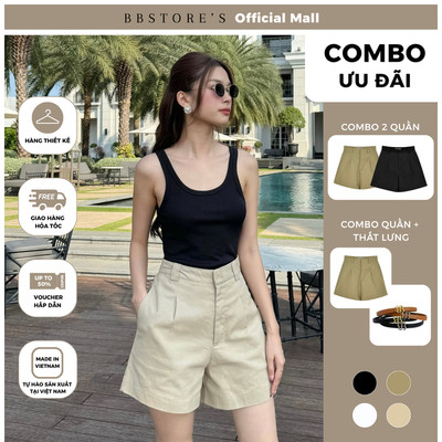 BBSTORE'S Quần Short Kaki Nữ Ống Rộng Form Ngắn Lưng Cao Bản Đỉa To Có Túi Basic Thanh Lịch - Q3107