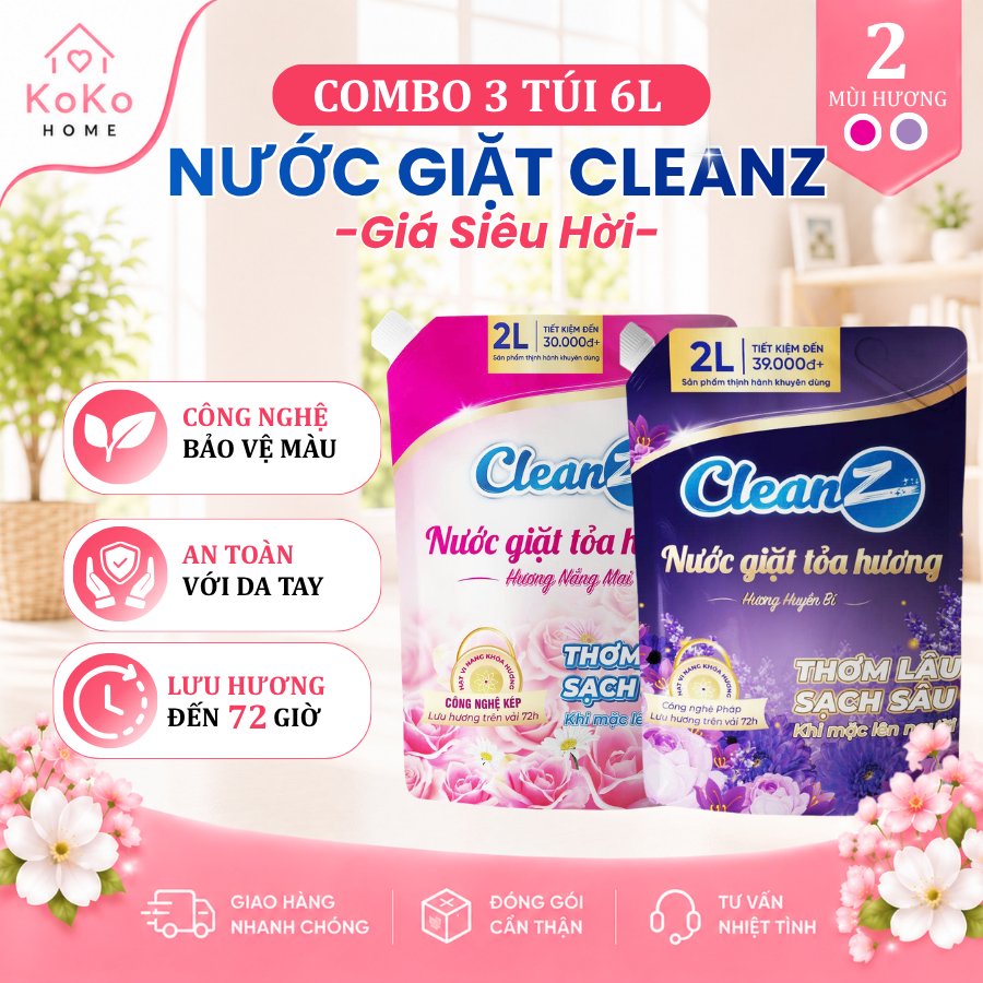 Combo 3 Túi Nước Giặt CleanZ 2L Nước Giặt Thơm Lâu, Sạch Sâu, Lưu Hương Đến 72 Giờ - Tổng 6L