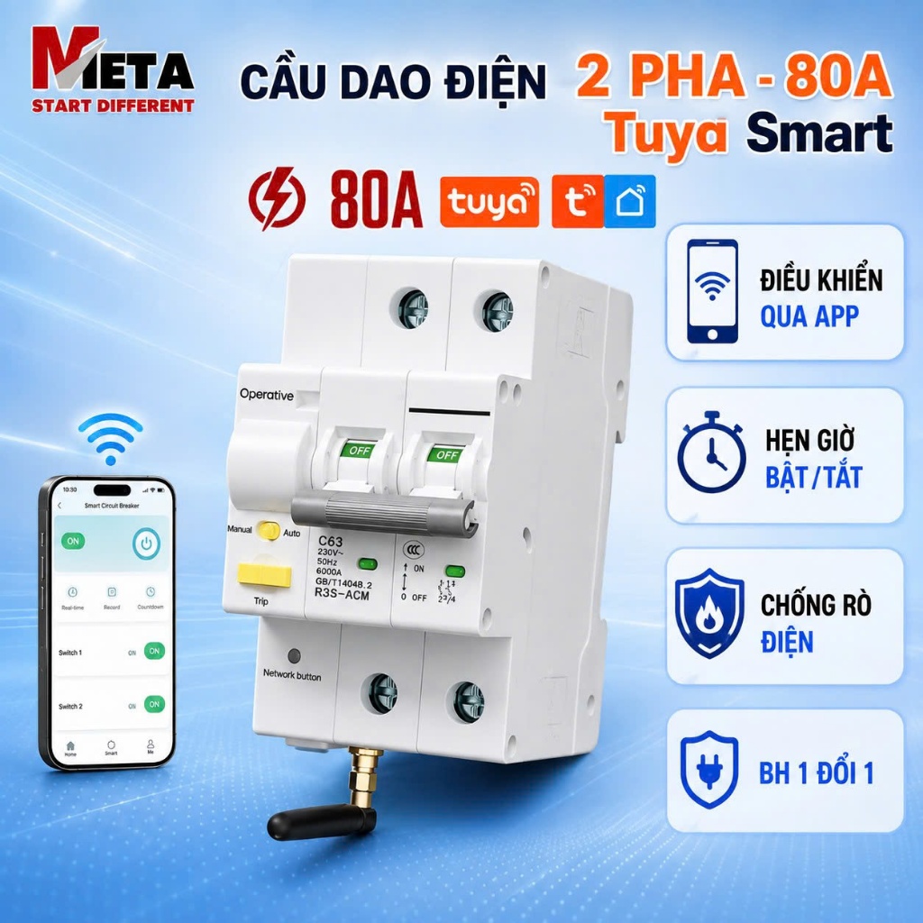 Aptomat Wifi, Cầu Dao Tổng Điều Khiển Qua Wifi, RS485 Tuya 80A, đo điện năng, BH 12 tháng