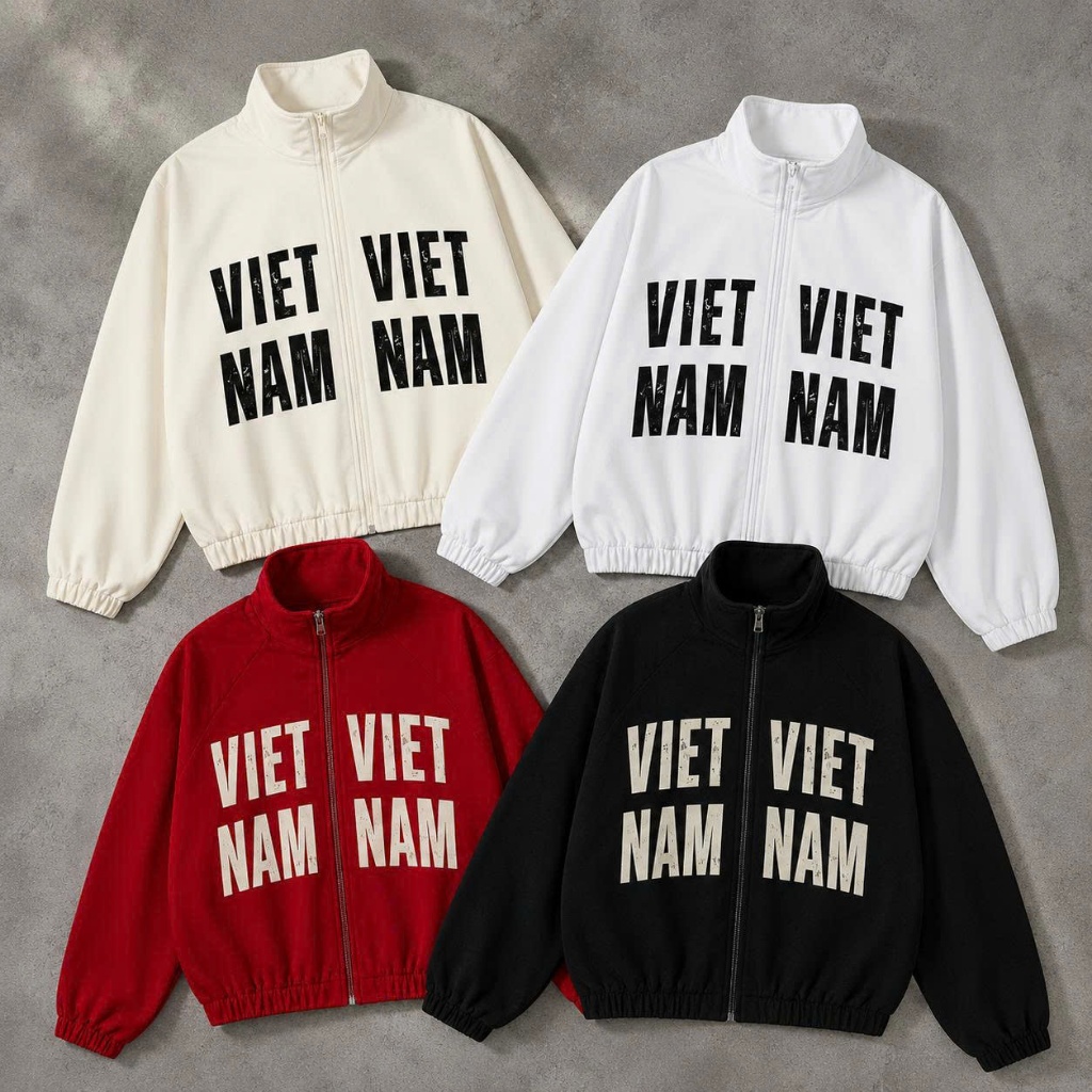 [AKG-CTRU] Áo Gió 2 Lớp Nam Nữ Cổ Cao Khóa Kéo In Chữ VIỆT NAM, Chống Gió, Form Thể Thao, 4 Màu Trắn