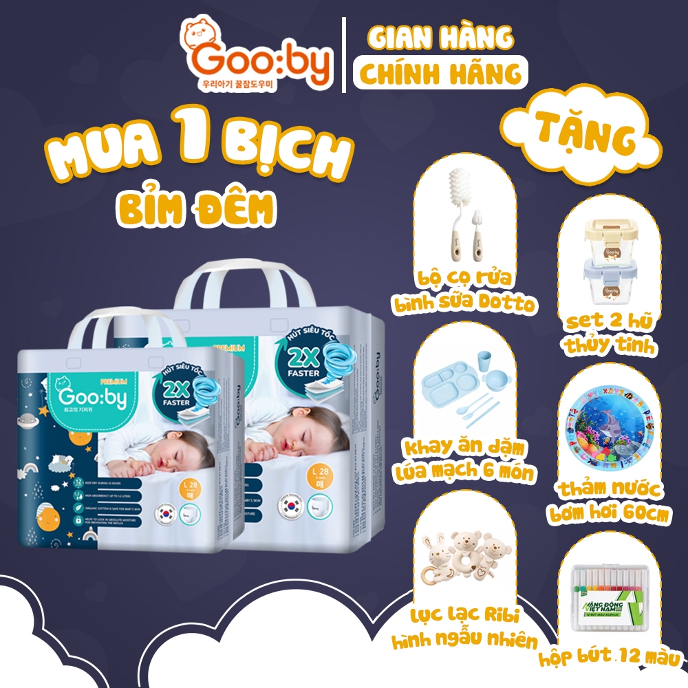 (Combo quà) Tã/bỉm Gooby Premium - Bỉm đêm siêu mỏng mềm mại, chống tràn đủ size cho bé 4-30KG