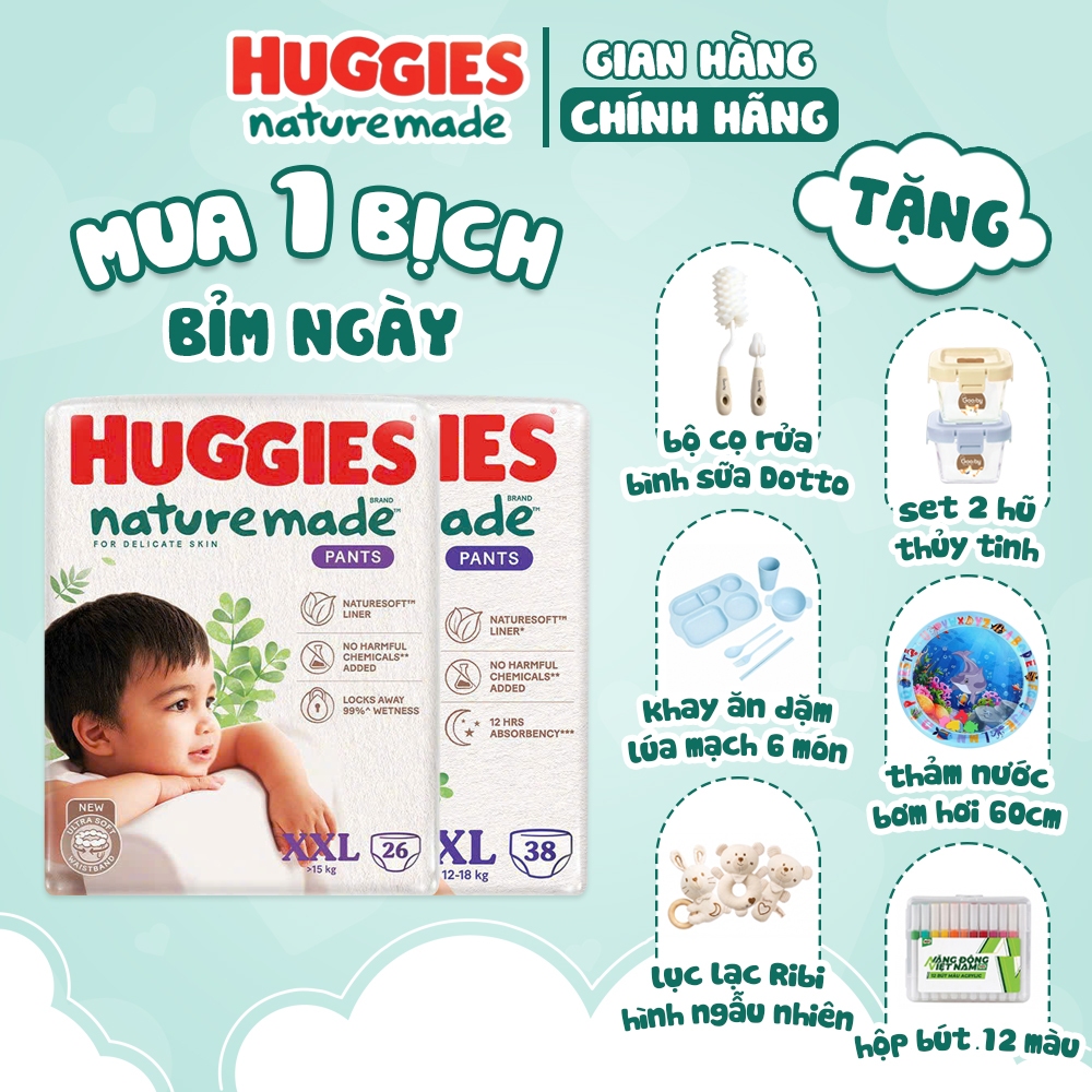 Tã/bỉm Huggies Nature Made sợi thiên nhiên mềm mịn, siêu thấm hút đủ size cho bé 4-30KG