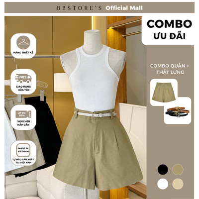 BBSTORE'S CB1 Quần Short Kaki Nữ Ống Rộng Form Ngắn Lưng Cao Có Bản Đỉa To Q3107 - Thắt Lưng Da Mặt Kim Loại BB TK4094