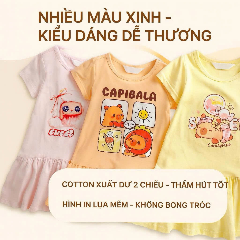 Đầm bé gái chất thun cotton mềm mát Janeshop, Váy đầm thun cotton cho bé gái cực xinh và mềm mát