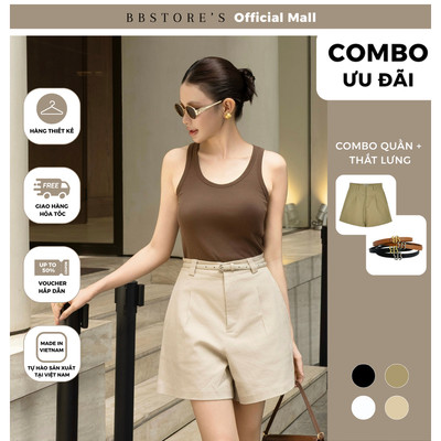 BBSTORE'S CB2 Quần Short Kaki Nữ Ống Rộng Form Ngắn Lưng Cao Có Bản Đỉa To Q3107 - Thắt Lưng Da Mặt Kim Loại BB TK4094