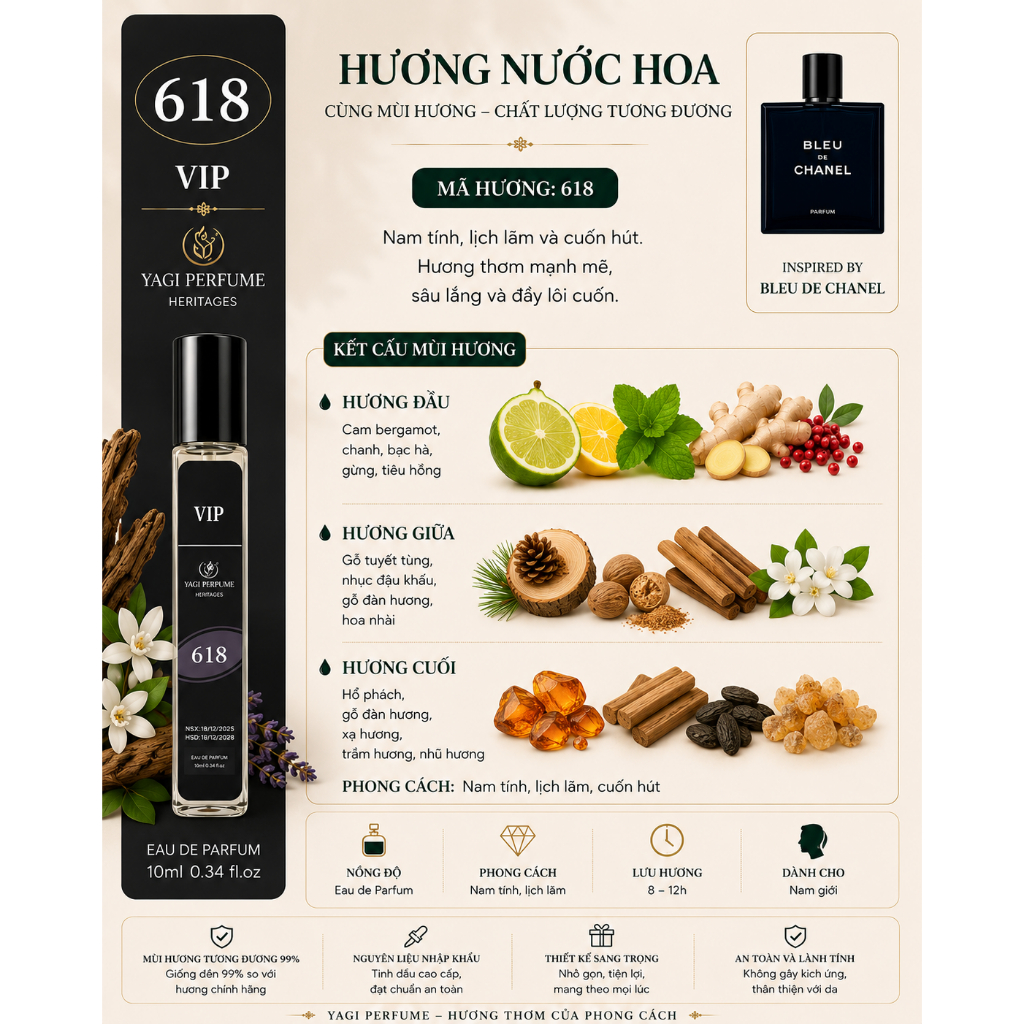 Nước hoa YAGI VIP 618 nam 10ml – Lấy cảm hứng từ Bleu de Chanel