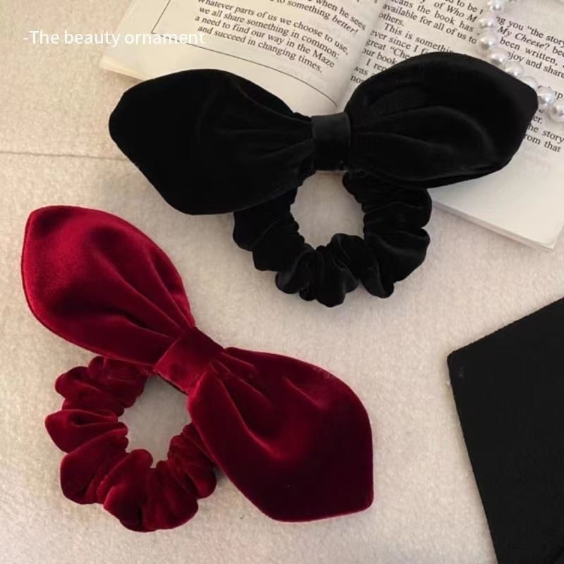 Vintage Black Velvet Bow Scrunchies for Women Girl Elegant High Ponytail Elastic Hair Ties Rubber Ba