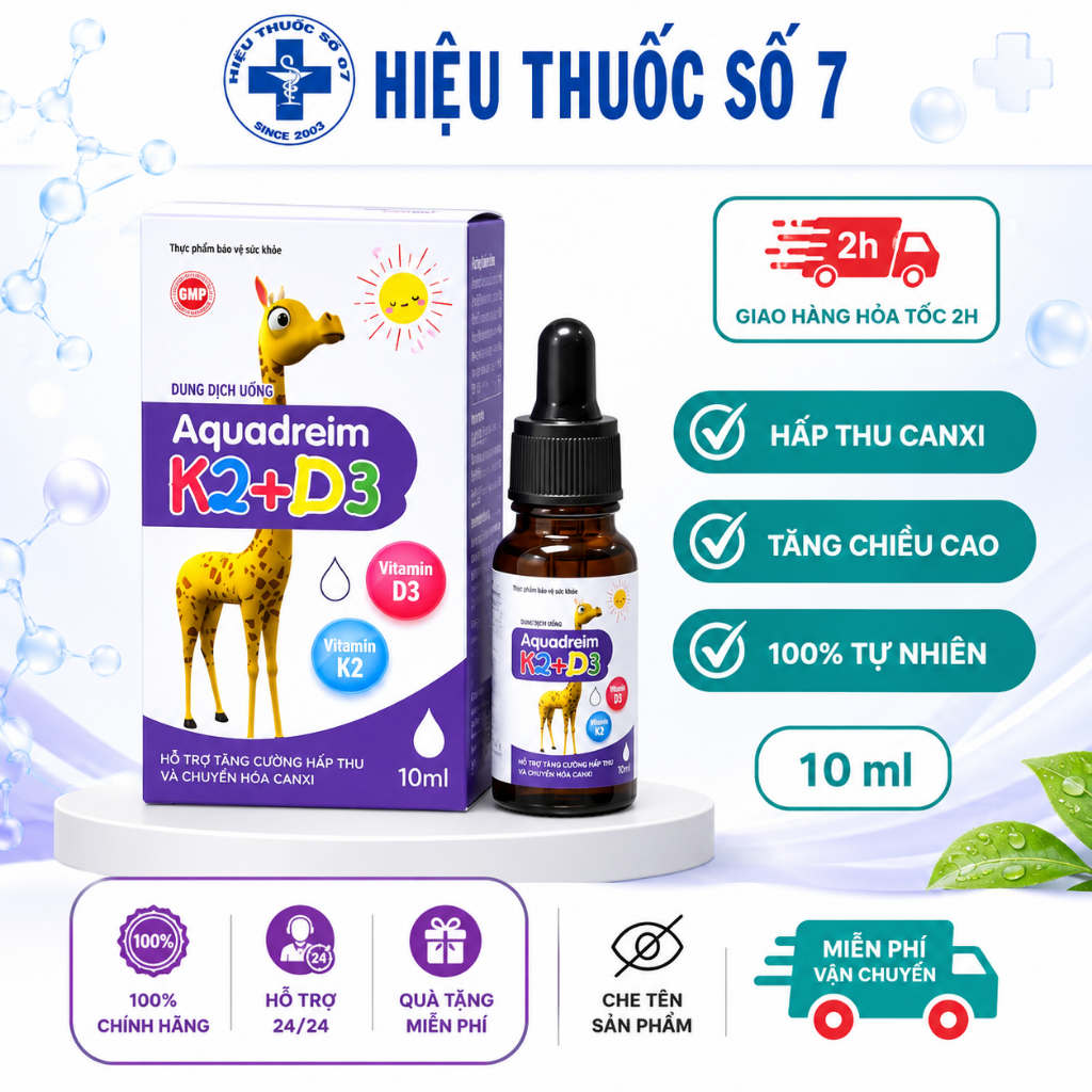 Aquadreim K2+D3 bổ sung vitamin d3 cho trẻ sơ sinh, giúp hấp thụ d3k2 canxi, giảm còi xương D3D2 , t