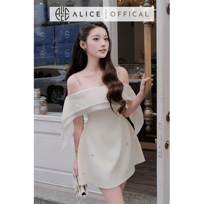 Váy Dự Tiệc Trê Vai Alice Dáng Ngắn Xòe, Đầm Ren Phồi Tay Tủ Bồng Mềm Mại Đính Ngọc Nữ Tính T639