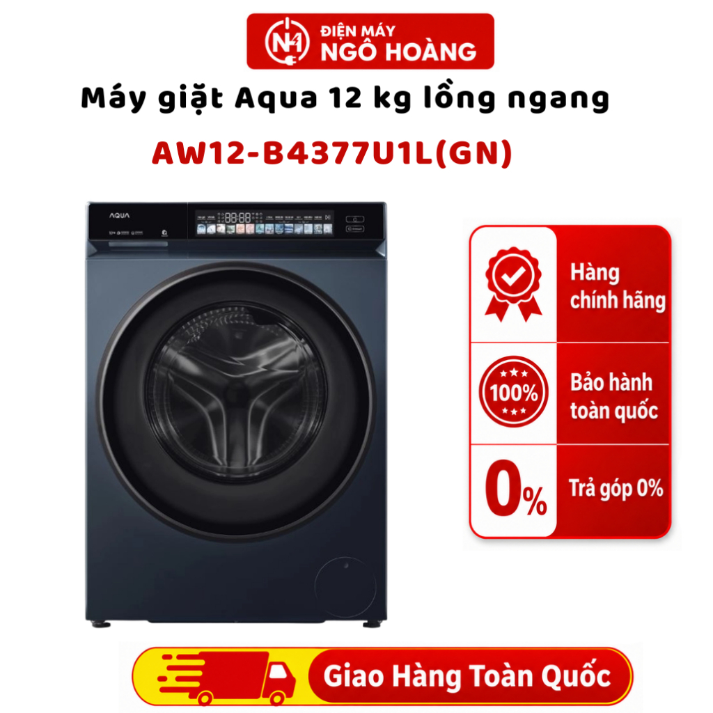 AW12-B4377U1L(GN) Máy giặt Aqua 12 kg lồng ngang cửa trước giặt sạch tiện lợi