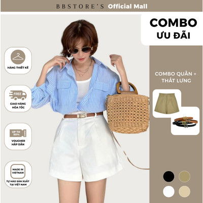 BBSTORE’S CB1 Quần Short Kaki Nữ Ống Rộng Lưng Cao Bản Đỉa Nhỏ Thanh Lịch Q3117 - Thắt Lưng Da Mặt Kim Loại BB TK4094