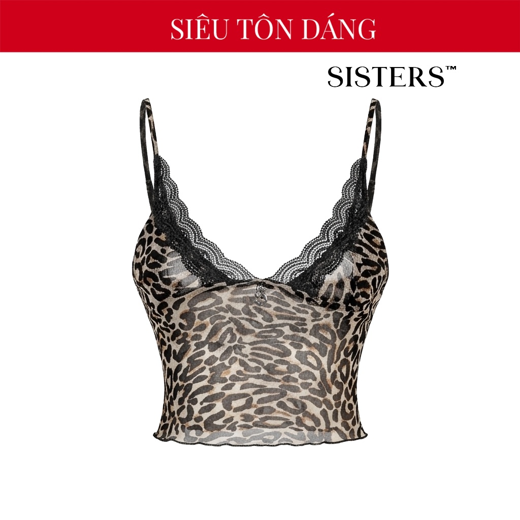 Áo 2 dây croptop hở lưng SISTERS viền ren đen thun lưới xuyên thấu hoạ tiết da beo ôm sát body Eglan