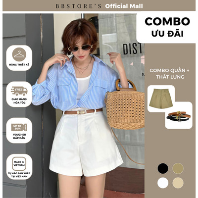 BBSTORE’S CB2 Quần Short Kaki Nữ Ống Rộng Lưng Cao Bản Đỉa Nhỏ Thanh Lịch Q3117 - Thắt Lưng Da Mặt Kim Loại BB TK4094