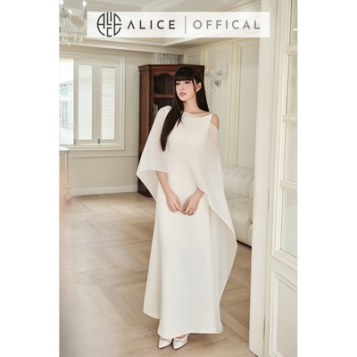 Váy Dự Tiệc Dáng Dài Alice, Đầm Trắng Cổ Thuyền Chất Xước Nhật Phối Áo Choàng Tơ Óng Hàn Sang Trọng, Nữ Tính T642