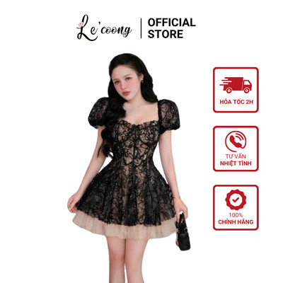 Váy Tiểu Thư Cổ Vuông Phối Viền Ren LECOONG V896 Váy Đẹp Xòe Bồng Sang Chảnh