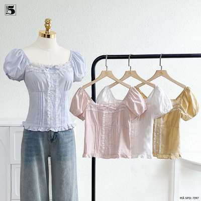 Áo kiểu tay bồng Twentyfive cổ vuông ôm eo họa tiết ren nữ tính ngọt ngào 7397