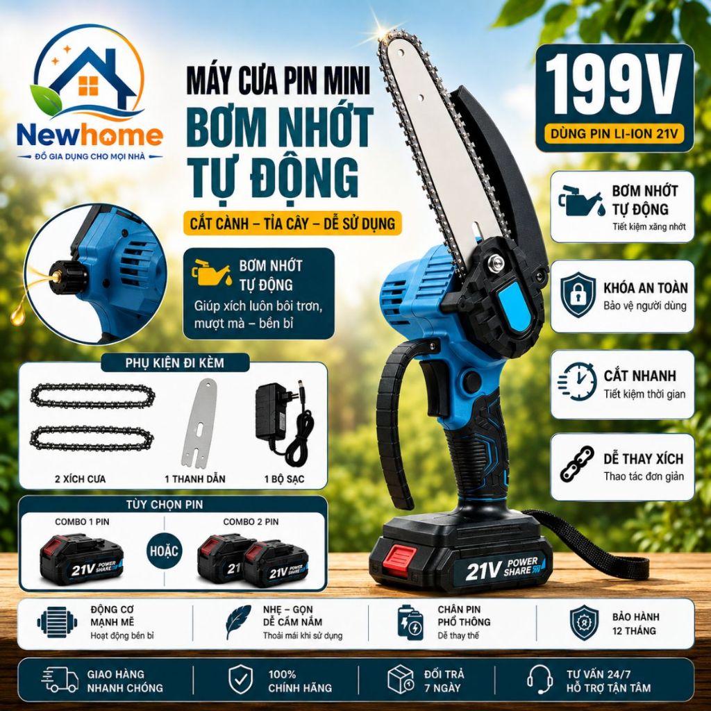 Máy Cưa Xích Makita Không Dây, Cưa Gỗ Cắt Cành, Máy Cưa Mini Mạnh Mẽ, Kèm Pin Sạc
