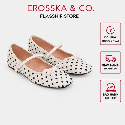 Erosska - Giày búp bê nữ đế bệt mũi vuông phối nơ màu trắng chấm bi cao 1cm - EL104