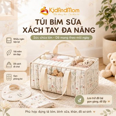 Túi đựng bỉm sữa cho mẹ đi sinh KidAndMom,chia nhiều ngăn gọn gàng tiện lợi mang theo dễ dàng