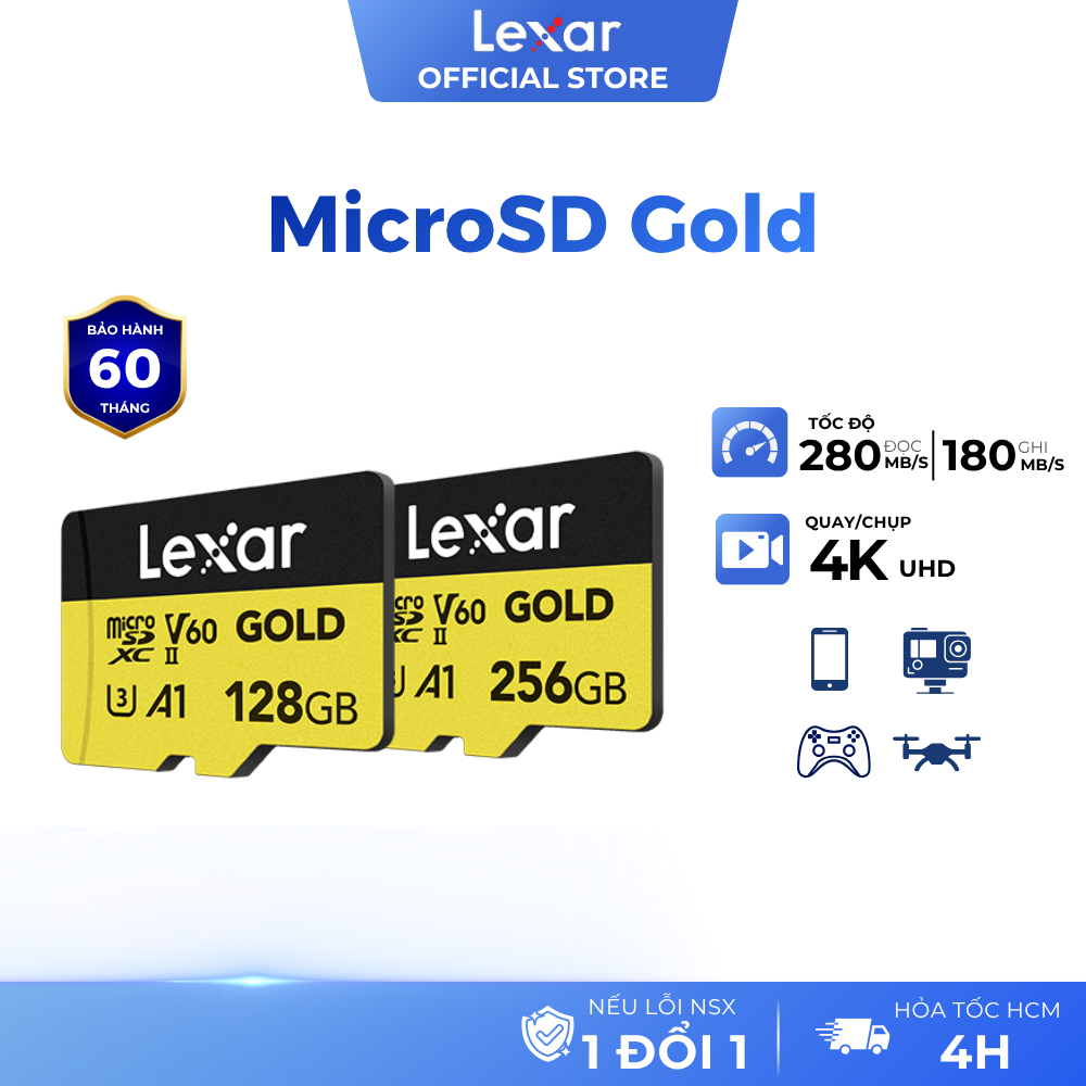 Thẻ nhớ MicroSDXC Lexar Gold UHS-II V60 A1 U3 128GB/ 256GB, Tốc độ 280Mb/s, Bảo hành 5 năm