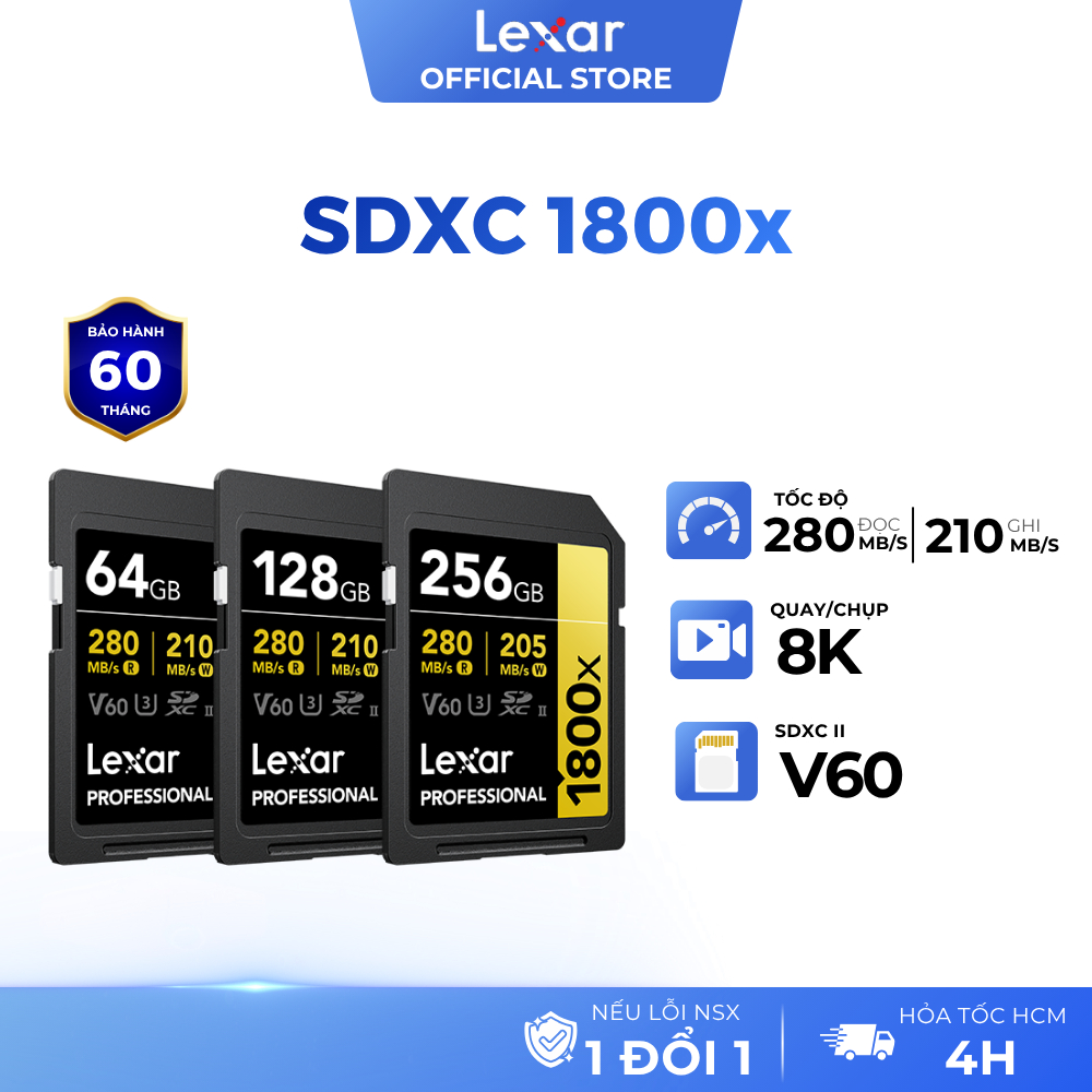 Thẻ nhớ SDXC Lexar 1800x  UHS-II 64GB 128GB 256GB, tốc độ 280MB/s cho máy ảnh, máy quay
