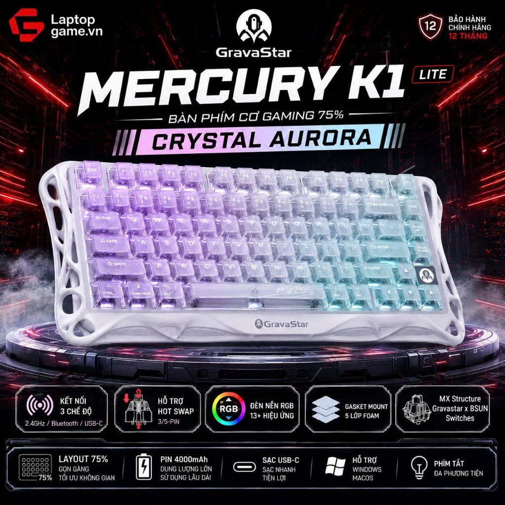 GravaStar Mercury K1 Lite 75% - Bàn Phím Cơ Gaming 3 Chế Độ Kết Nối