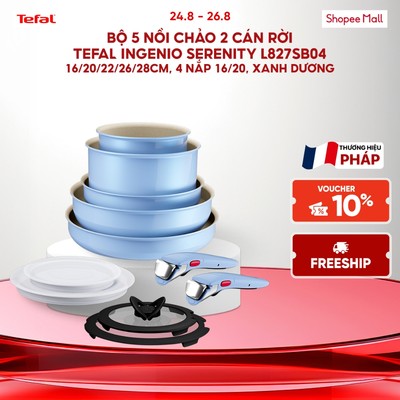 Bộ 5 nồi chảo 2 cán rời Tefal Ingenio Serenity L827SB04, 16/20/22/26/28cm, 4 nắp 16/20, xanh dương