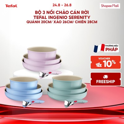 Bộ 3 nồi chảo cán rời Tefal Ingenio Serenity, quánh 20cm/ xào 26cm/ chiên 28cm