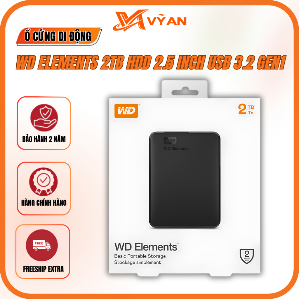 Ổ Cứng Di Động HDD WD Elements (1TB/ 2TB/ 4TB/ 5TB/ 6TB)  2.5 inch, USB 3.2 Gen 1 (WDBU6Y0020BBK)