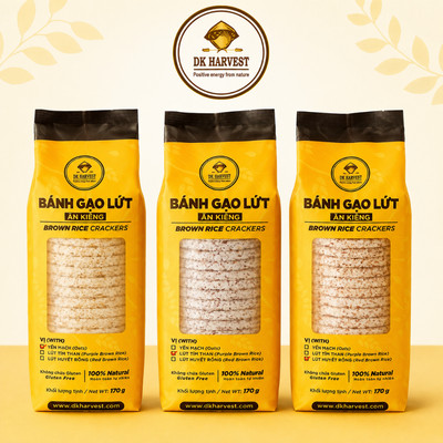 Bánh Gạo Lứt Ăn Kiêng DK Harvest 170g 18 Bánh Eat Clean Không Đường 3 Vị Lứt Huyết Rồng, Yến Mạch, Lứt Tím Than