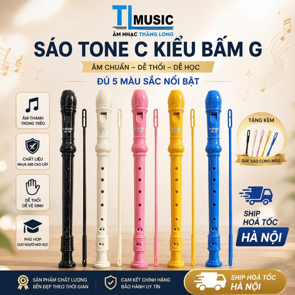 Sáo recorder T-music  RC1G Tone ĐÔ(C) kiểu bấm G(German) 8 lỗ phục vụ lớp 4,5,6,7,chất lượng cao phù
