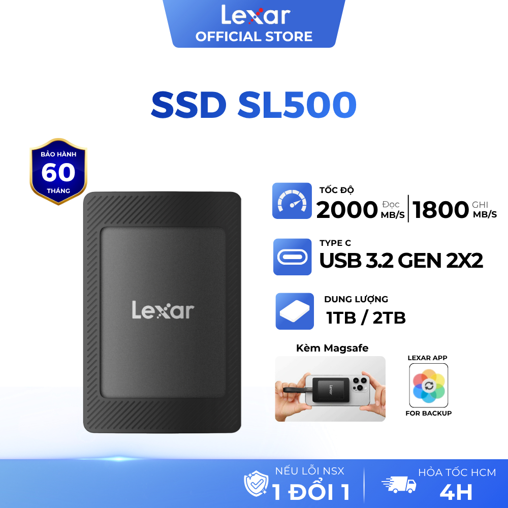 Ổ Cứng SSD Di Động Lexar SL500 Kèm Magsafe 1TB 2TB USB 3.2 Tốc Độ 2000mbs