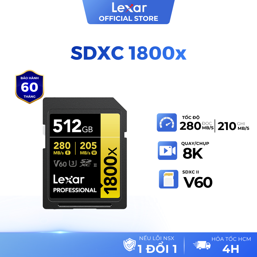 Thẻ nhớ 512GB SDXC Lexar 1800x Professional UHS-II, tốc độ 280MB/s cho máy ảnh, máy quay